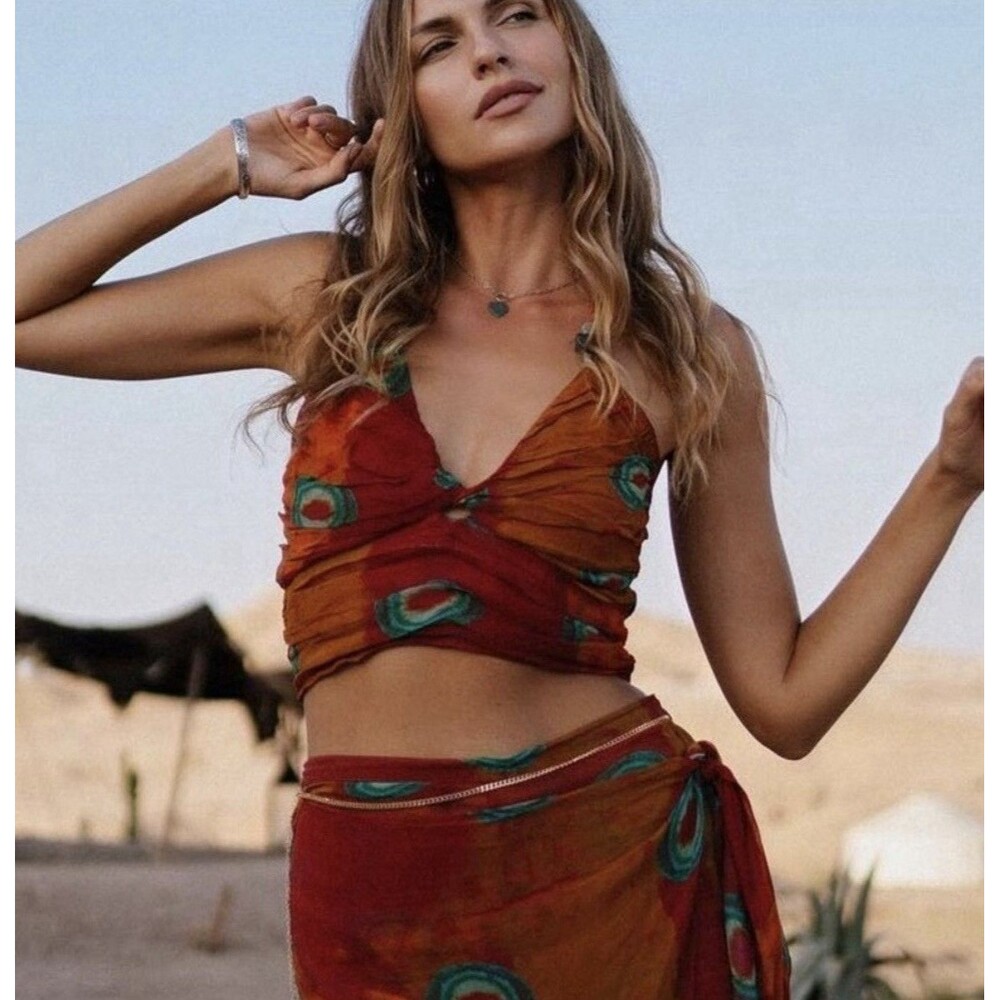 Zara Boho Festival Halter Crop Top Tie Dye Rust Teal Beaded Smocked Small NWT - Picture 4 of 16